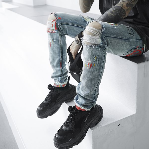 

nightclub style famous brand jeans luxury men denim trousers hollow out blue slim letter print jeans pencil pants for men l248