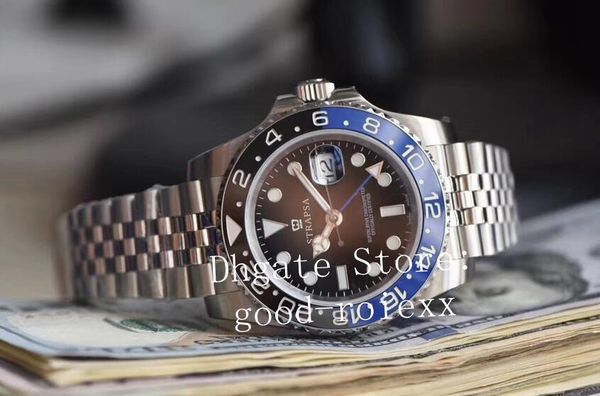 

dj factory mens automatic cal.3186 watch men blue black ceramic 904l steel jubilee bracelet gmt batman master dive 126710 sport watches, Slivery;brown