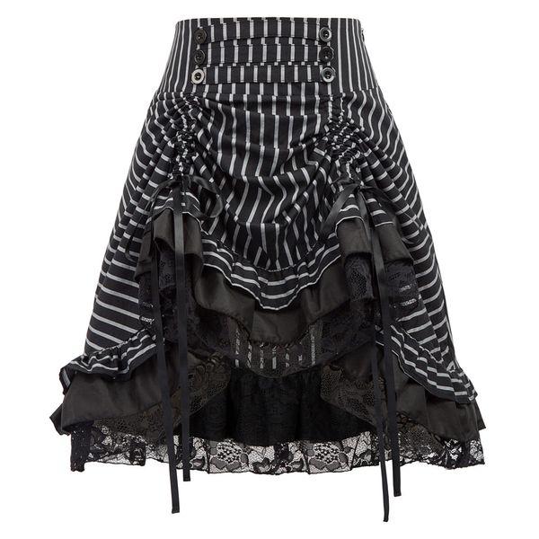 

women striped elastic waist bow-knot decorated adjustable cotton skirt vintage gothic skirts, Black
