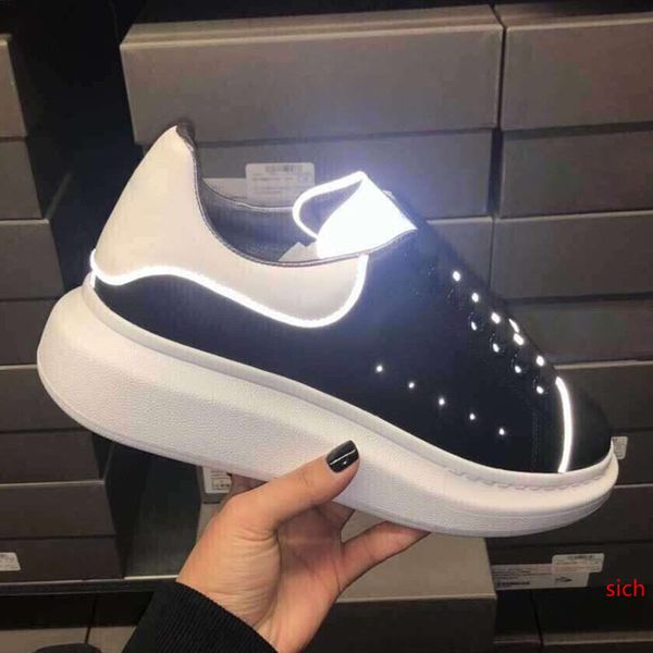 

casual shoes men luxury leather sneaker women low shoe designer thick bottom lace-up style with sliver reflective strip black and white