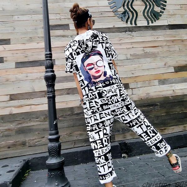 

summer women high street letter printed ankle-length pants hip hop design short sleeve jumpsuit hooded one piece overalls shein, Black;white