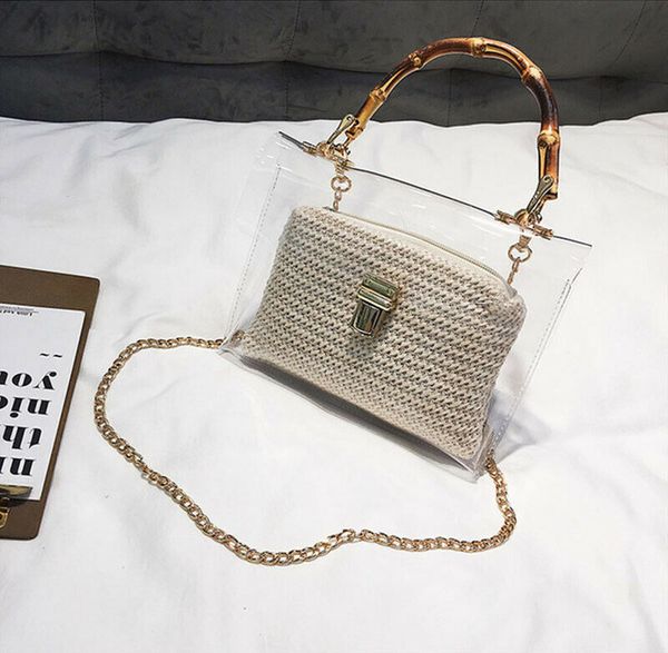 

2019 women transparent clear pvc lock chain out tote straw rattan woven cross body composite bag shoulder handbag