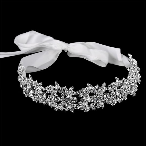 

Handmade Bridal Headband Tiara Silver Crystal Wedding Hair Accessories Ribbon Elegant Headpiece Rhinestone Women Hair Jewelry