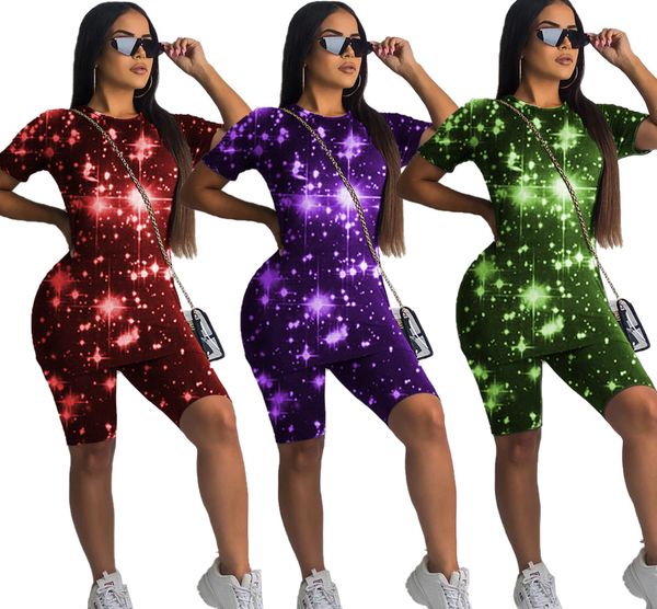 

2020 летний женщин конструктора 2 шт эпикировка star цифровая печать костюмы с коротким рукавом длиной до колен шорты дамы set, Gray