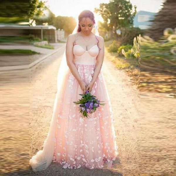 

blush pink country wedding dresses 2019 strapless vintage bohemian 3d floral butterfly outdoor bohemian wedding gown, White