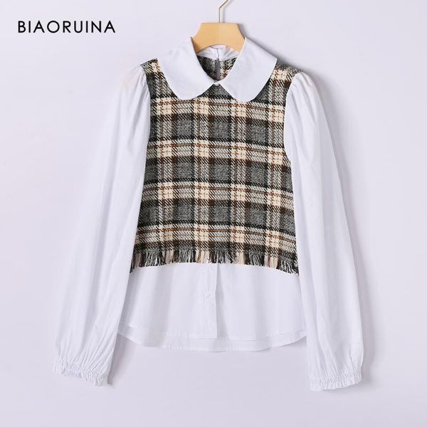 

biaoruina women's white shirt patchwork tweed tassels turn-down collar female casual all-match blouse blusa long sleeve