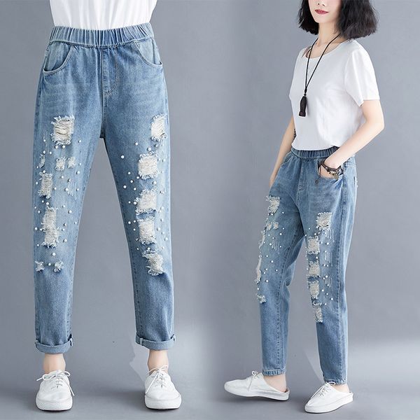 

литература и искусство большой размер большой девушки с отверстиями из бисера jeans, Blue