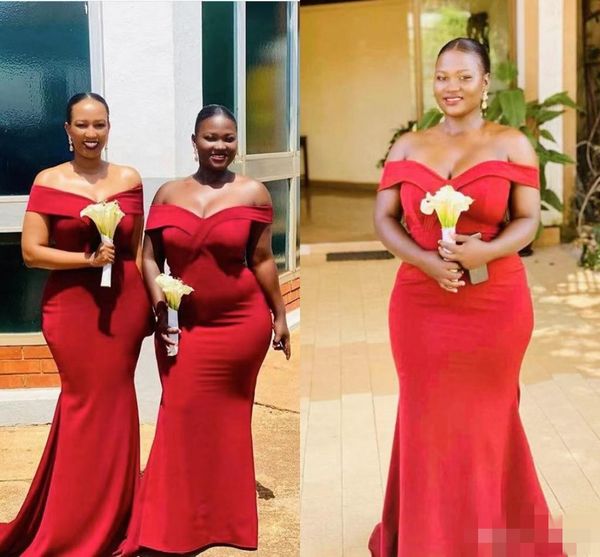 Plus size vermelho sereia vestidos de dama de honra fora do ombro varredura trem africano dama de honra vestido simples país casamento convidado formal wear