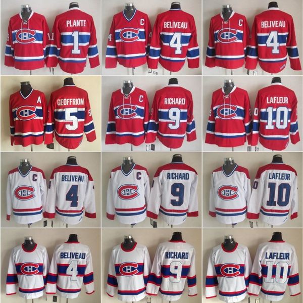 

vintage montreal canadiens hockey jersey 4 jean beliveau 9 maur richard 10 guy lafleur 1 jacques plante 5 bernie geoffrion classic white red, Black;red