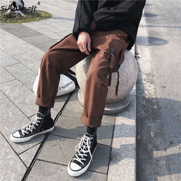 

ribbons multi-pocket elastic waist design cargo denim pants men solid casual streetwear straight trousers male hip hop fashion, Blue