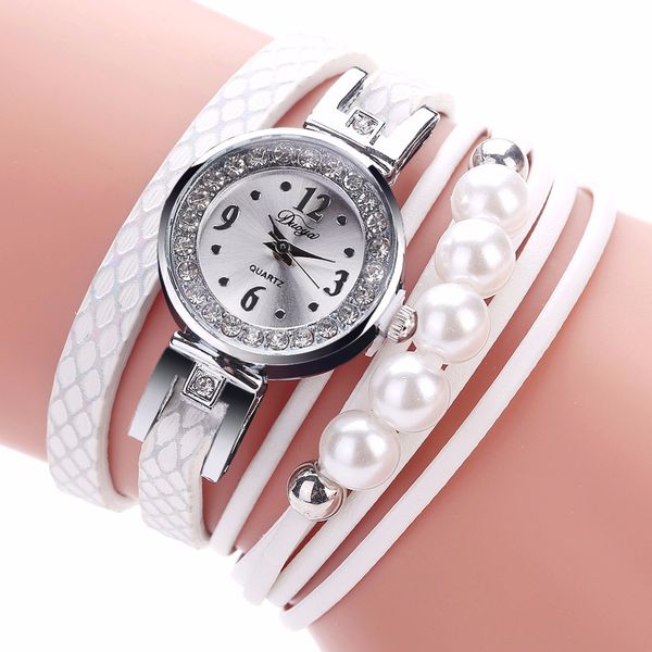 

duoya luxury women gold rhinestone leather wrist ladies quartz-watch casual pearl vintage bracelet watches relojes para mujer, Slivery;brown