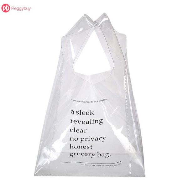 

korean simple pvc handbag transparent letter print clutch purse women beach street casual shopping bag bolsa feminina bolsos