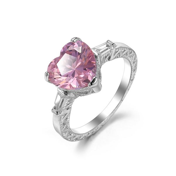 LuckyShien 6 Pçs/lote Clássico em forma de coração Rosa Zircão Anel de Pedra Preciosa Banhado a Prata Esterlina 925 Para Mulheres Anel de Casamento Jóias