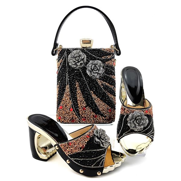 

beautiful black women pumps with crystal decoration flower style african dress shoes match handbag set md013,heel 9cm