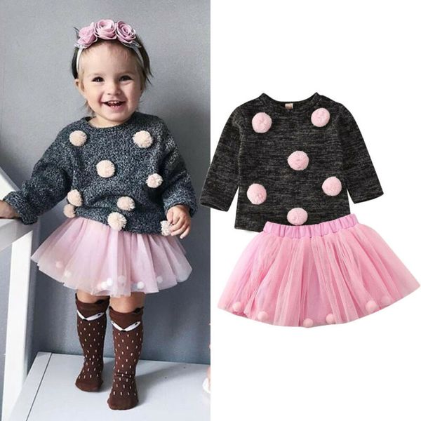

toddler infant kids baby girl hairball warm knitted sweater +tutu tulle skirt outfit autumn winter clothes set 1-4y, White