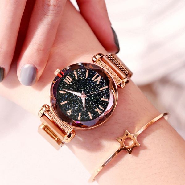 

горячие моды сетки магнитные пряжки ремень женщины часы звездное небо дизайн женские наручные часы розовое золото часы женские кварцевые, Slivery;brown