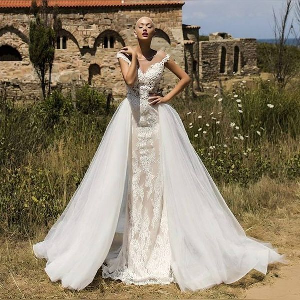 

ivory mermaid lace beach vintage milla nova wedding dresses detachable skirt train organza mariage bridal wedding gowns, White