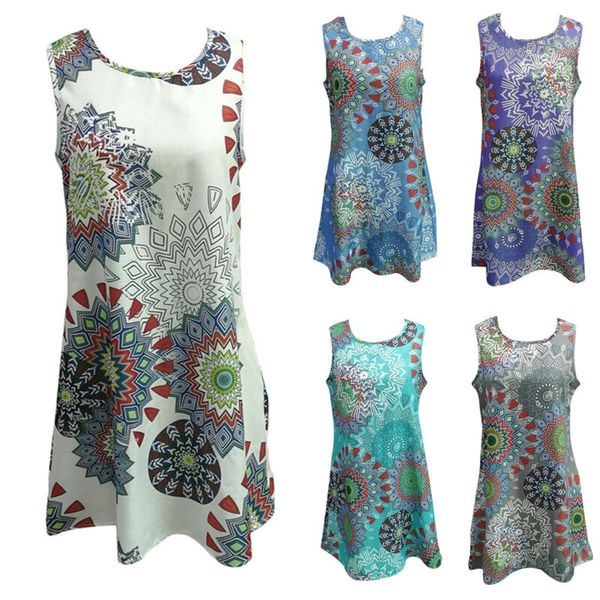 

Women Boho Print Sleeveless Tunic Dress Summer Beach Party Casual Loose Sundress