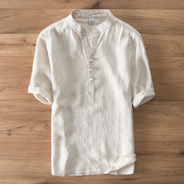

100% linen chinese style italy brand shirts men fashion short-sleeved blue shirt for men casual stand collar solid shirt mens, White;black