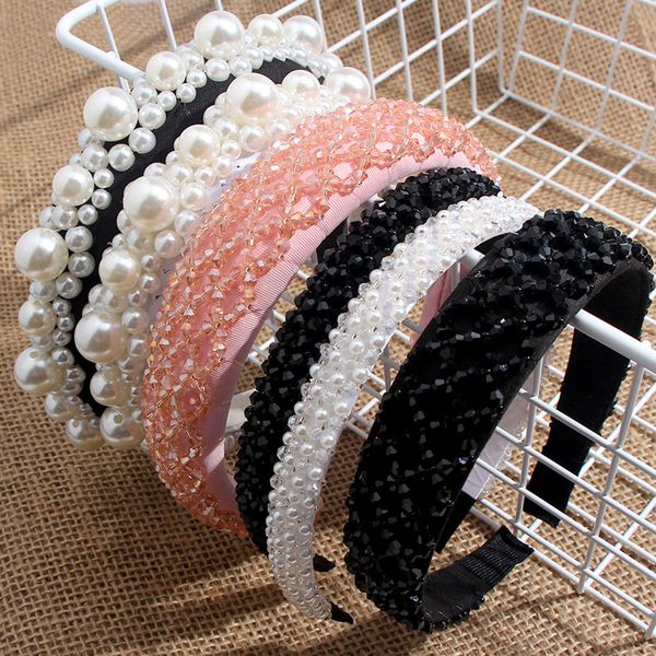 

flatfoosie trendy elegant pearls headbands for women wedding party hairband handmade beaded girls hair accessories headwear gift, Golden;white