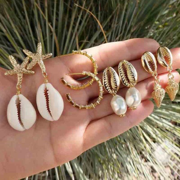 

4 pairs / set fashion shell conch starfish pearl pendant gold earrings creative personality female beach jewelry accessories, Golden;silver