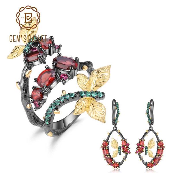 

gem's ballet 925 sterling silver handmade original ring earrings sets 6.94ct natural garnet gemstone jewelry set for women, Black