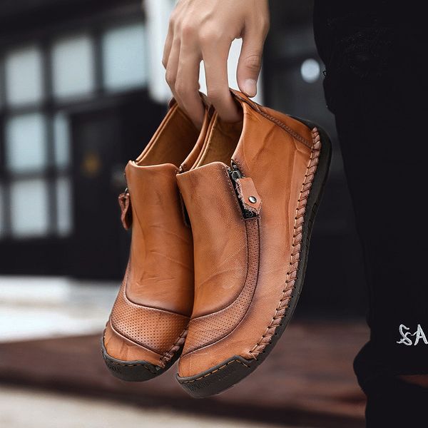 

2019 fashion men boots genuine leather ankle snow boots men warm fur men's casual shoes plush winter autumn driving shoes 38-48, Black