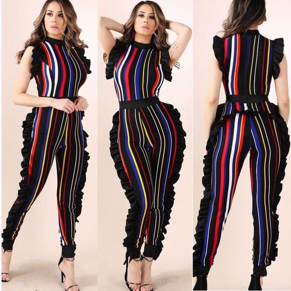 

ruffles stripe jumpsuit wooden ear sleeveless colorful long rompers womens jumpsuit summer cloth for women, Black;white
