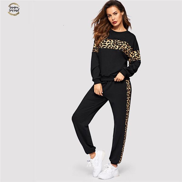 

black leopard panel pullover women o-neck athleisure sweatshirt and sweatpants set autumn women casual two piece sets, White