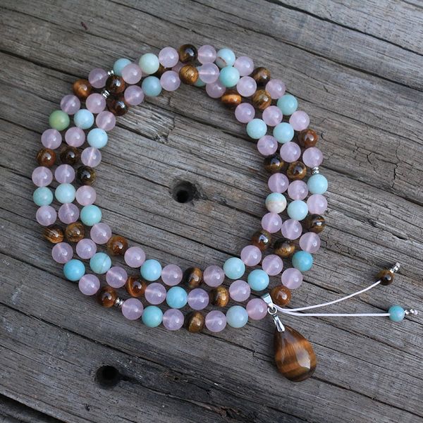 

8mm natural stone beads,rose quartz,tigers eye,restore,japamala sets,spiritual jewelry,meditation,inspirational,108 mala beads, Silver