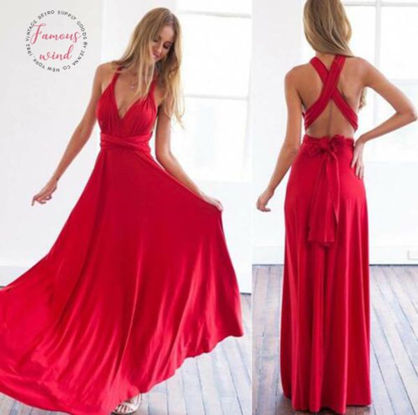 

summer halter elegant party backless women dress convertible multi way wrap bridesmaid formal long sleeveless dresses solid vestido, Black;gray