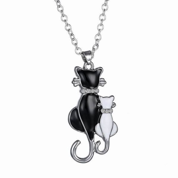 

black white cat crystal pendant necklaces valentine's day gift lover couple necklace women girl jewelry ing, Silver