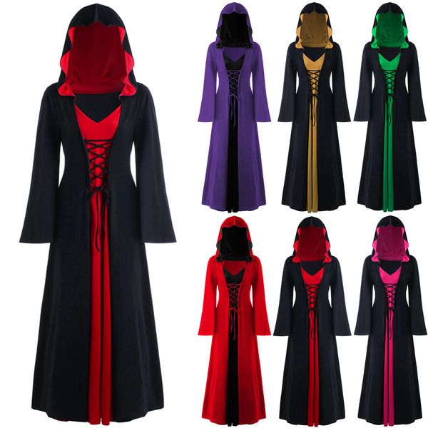 

ladies halloween hooded lace up patchwork long dress fashion women's stitching robe long sleeve maxi dress vestidos de verano#g1, Black;gray