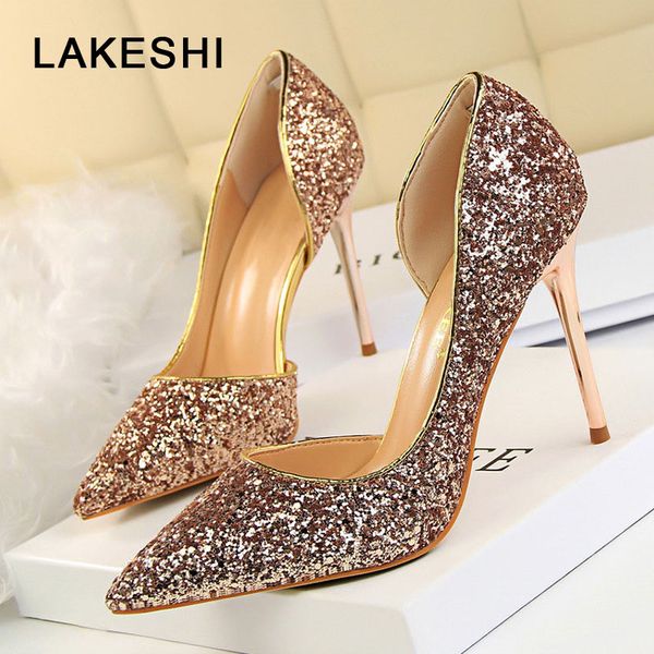 

lakeshi women pumps women shoes heels bling pointed toe summer pumps shoes high heels, Black
