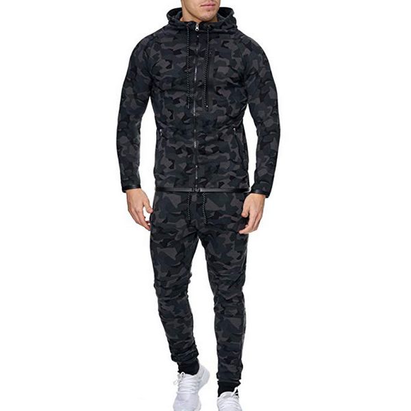 

2019 mens casual fashion print long sleeve slim zipper striation pattern drawstring hooded sweatshirt tracksuit set, Gray