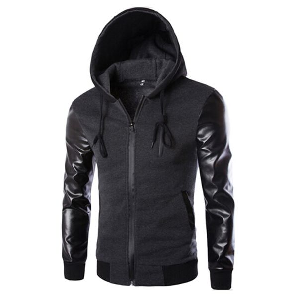 

autumn casual jacket men hooded jacket and coat pu leather sleeve slim outerwear coat men zipper hoody sportswear, Black