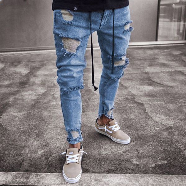 

hirigin men's vintage ripped jeans super skinny slim fit zipper denim pants leisure destroyed frayed gothic style pant, Blue
