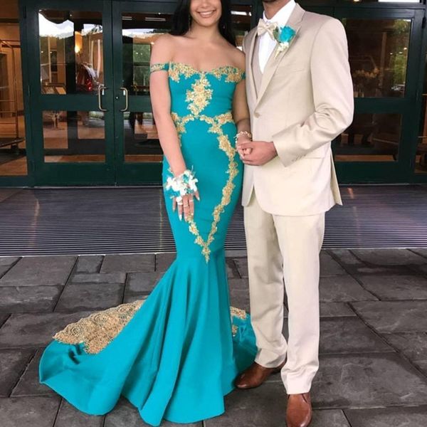 

turquoise mermaid prom dresses gold lace applique 2019 vestido de festa off the shoulder lace runway fashion party gown, White;black