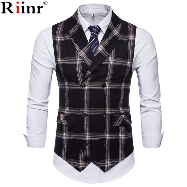 

riinr 2018 new slim fit mens waistcoat casual suit vest men plaid style men chalecos hombre business dress vest sleeveless gilet, Black;white