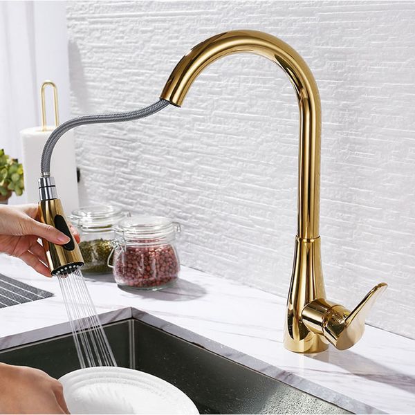 

gold/rose gold/chrome/black plated brass kitchen faucet single handle deck mounted rotation sink pull out water mixer tap