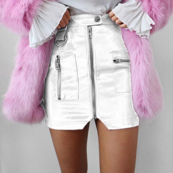 

women fashion high waist pocket pu skirt short pencil split mini skirt 2020 new solid zip faux leather england style, Black
