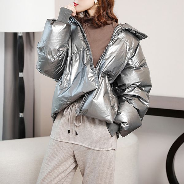 

new fashion metal glossy silver grey down jacket women winter 2019 coat ladies stand neck warm parka short white duck down coat, Black