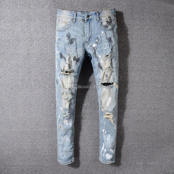

luxury jeans mens fashion distressed mens zipper motorcycle pants hole paint punk jeans jeans for men, Blue