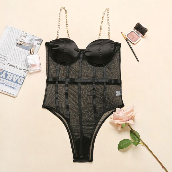 

semi-perspective underwears womens fashion metal chain underwears lady sleepwears 2020 new selling pajamas new trend, Black;red