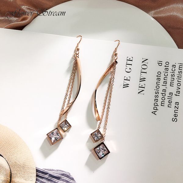 

temperament earrings titanium steel rose gold zircon tassel earrings geometric curve face thin square zirconium pendant earrings, Silver