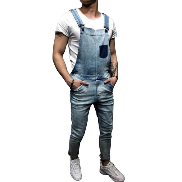 

laamei fashion men's ripped jeans jumpsuits 2019 summer street distressed denim bib overalls for man suspender pants size s-xxl, Blue