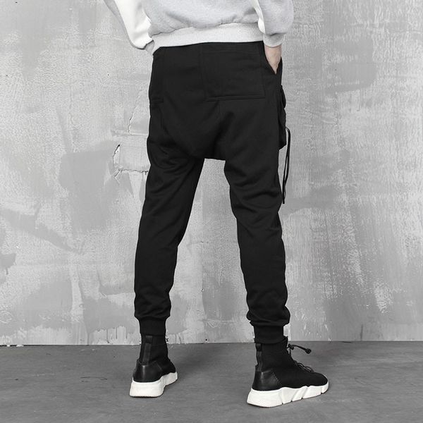 

19ss мужчины sweatpants gothic сыпучие хлопок шаровары полная длина черные брюки падения промежности карманы joggers повседневный уличная, Black