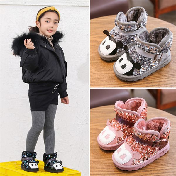 

winter new kids fur snow boots bling girls ankle boots children' warm shoes toddler black brand cartoon fashion, Black;grey