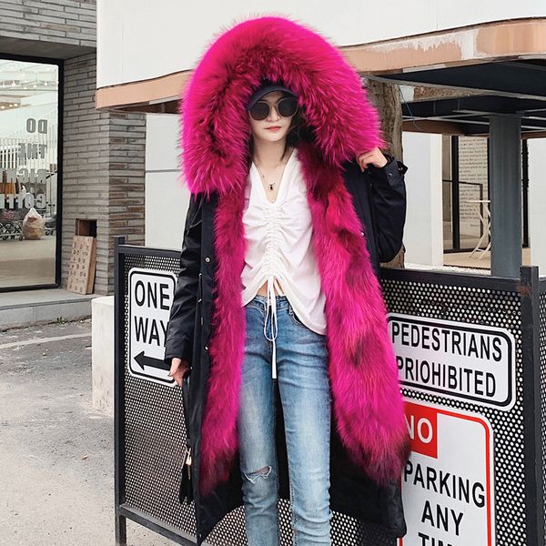 

real fur overcoats winter parka jacket women s long waterproof racoon fur collar linner hooded thick warm 2019 rose, Black