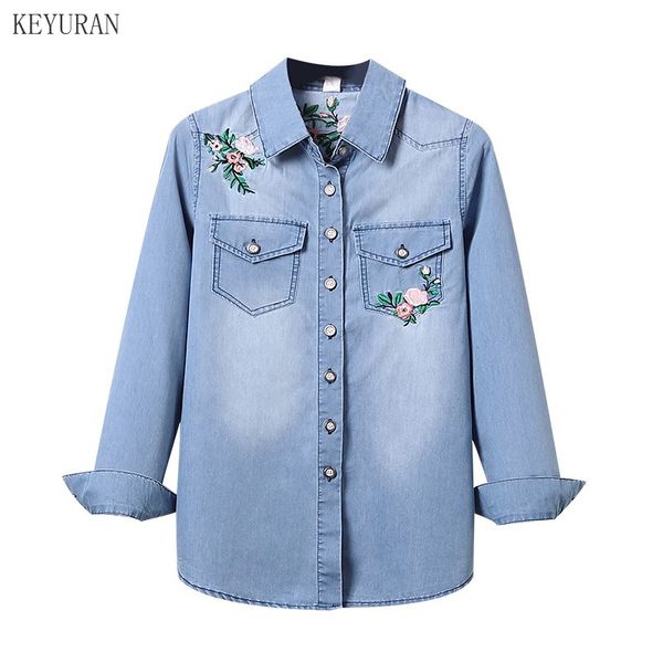 

women's blouses & shirts denim shirt women autumn 2021 blue clothes plus size embroidery with double pockets long sleeve blouse elegant, White